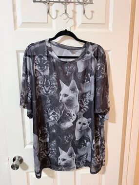 SHEIN Sheer Multi-Cat Print Oversized Shirt